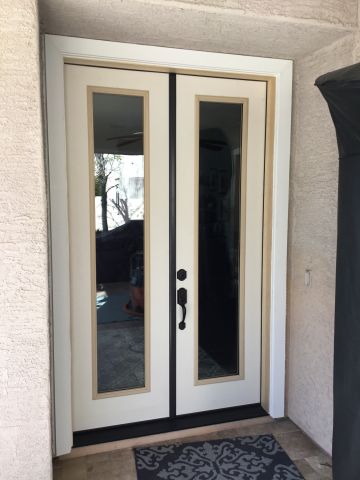 Double Door Patio Door, French Door Style, Therma Tru Door, Primed White with full glass view
